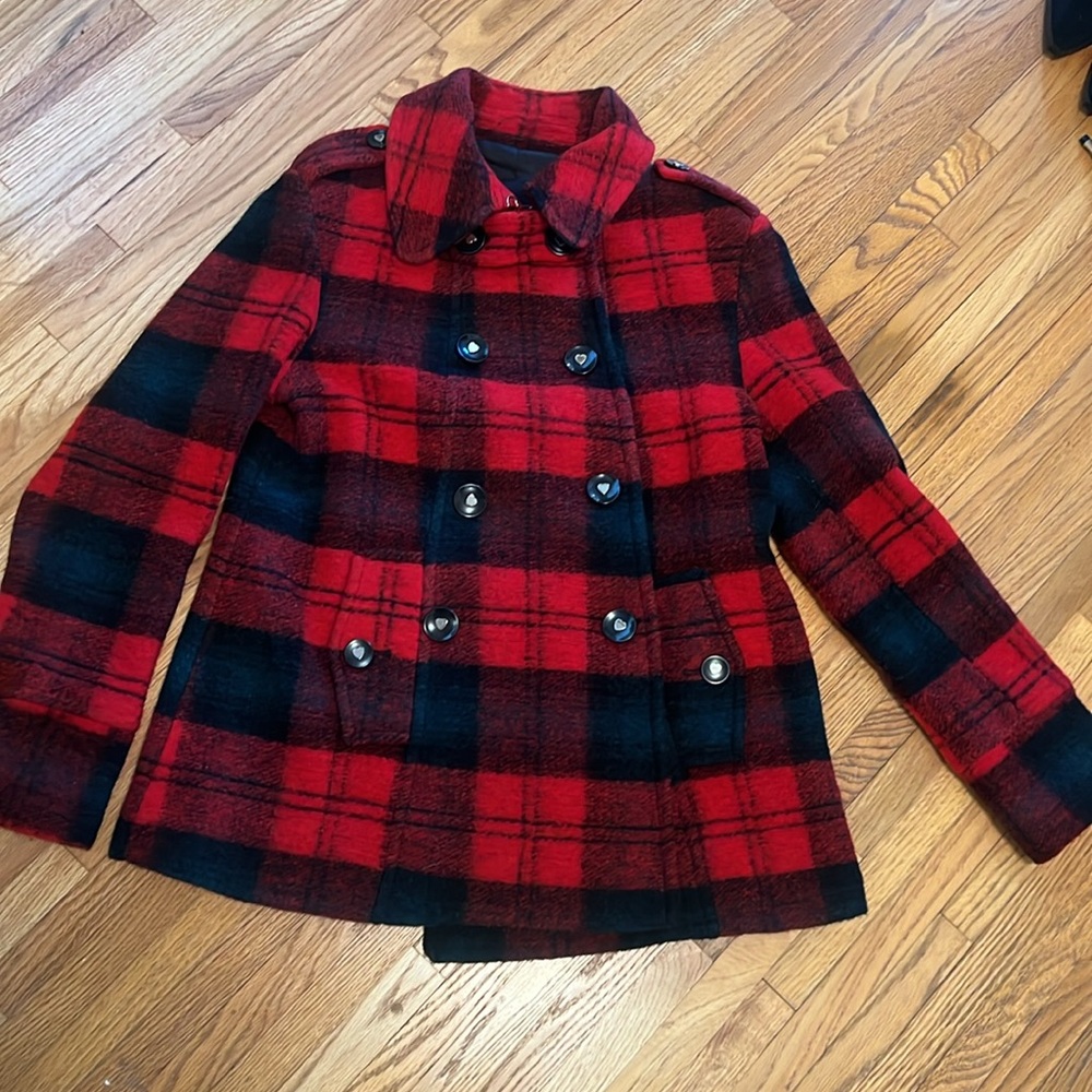 Betsey Johnson Red black Green Tartan Peacoat Jacket, size 10